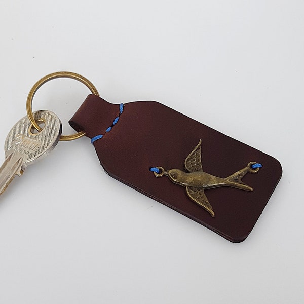 Swallow Leather Keychain, PERSONALIZED Leather Keychain, Birdwatcher Leather Key-Chain, Swallow Bird Keyfob, Woodland Naturalist Keychain