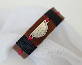 Personalized Leather Bracelet Cuff: Watermelon Charm, Handmade Greek Leather