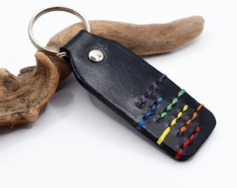 PERSONALIZED LGBTQ+ Keychain, Pride Flag Keychain, Engraved Leather Keyring, 3rd Anniversary Gift for Couples