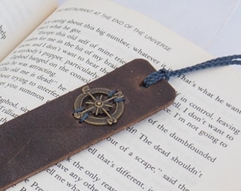 Compass Bookmark, Voyager Themed Bookmark, Travel Bookmark, Nautical Leather Bookmark, Sailor's Bookmark, Leather Anniversary Gift