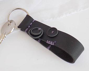 Geometric PERSONALIZED Keychain, Black Leather Keychain, ENGRAVED Leather Key-Chain, Gothic Leather Keychain