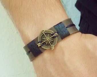 Personalized Compass Bracelet,Men's Nautical Bracelet, Steampunk Men's Bracelet, Leather Anniversary Bracelet Cuff, 3rd Anniversary Bracelet