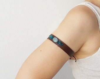 Upper Arm Bracelet, Aquamarine Armband, Cosplay Arm Cuff, Bohemian Leather Armlet, Unisex Leather Arm Band, Elven Leather Celtic Armband