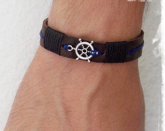 Personalized Men's Bracelet, Nautical Leather Bracelet, Navy Wheel Bracelet, Nautical Wheel Cuff, Men's Leather Wristband, Surfer Bracelet