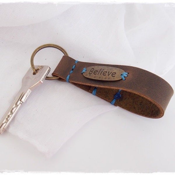 Inspirational Recovery Keychain, Serenity Keyfob, BELIEVE Keychain, Men's Sobriety Keychain, Men's Leather Keychain, AA Keyring For Him