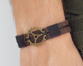 Pulsera Steampunk personalizada, pulsera de cuero para hombre, pulsera de engranaje de reloj, pulsera de cuero, joyería de cuero para hombre, regalo de ingeniería