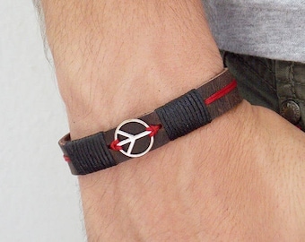 Personalized Peace Bracelet, Men's Leather Bracelet, Pax Leather Bracelet, Peace Symbol Bracelet, Men's Leather Wristband, Surfer Bracelet