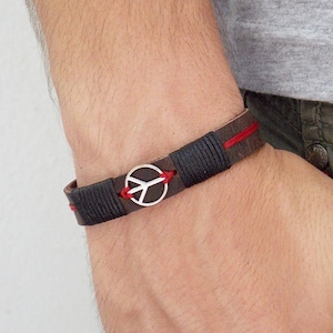 Personalized Peace Bracelet, Men's Leather Bracelet, Pax Leather Bracelet, Peace Symbol Bracelet, Men's Leather Wristband, Surfer Bracelet