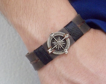 Personalized Compass Bracelet, Men's Leather Bracelet, Traveler's Bracelet, Nautical Cuff, 3rd Anniversary Bracelet, Steampunk Bracelet