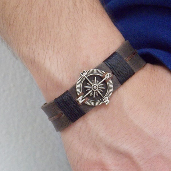Personalized Compass Bracelet, Men's Leather Bracelet, Traveler's Bracelet, Nautical Cuff, 3rd Anniversary Bracelet, Steampunk Bracelet