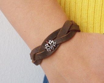 Lotus Braided Bracelet, Yoga Rustic Bracelet Cuff, Lotus Flower Leather Bracelet, Yoga Teacher Gift