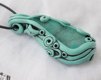 Green Agate Necklace, Polymer Clay, Druzy Stone, Handmade Pendant