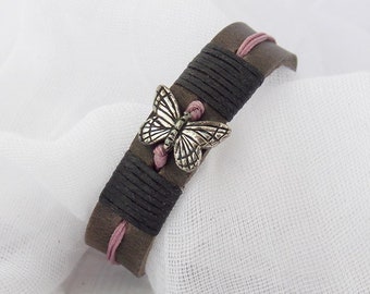 PERSONALIZED Leather Bracelet, Butterfly Charm, Secret Message, Handmade in Greece