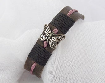 Pulsera de cuero personalizada, pulsera de mensaje secreto, pulsera de mariposa monarca, pulsera de cuero de bosque, pulsera de transformación de yoga