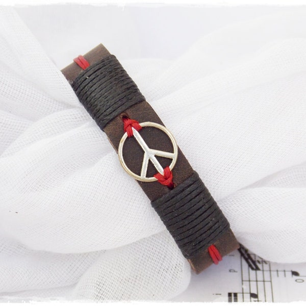 Men's Leather Bracelet, Leather Peace Bracelet, Rasta Bracelet Cuff, Peace Symbol Leather Bracelet, Men's Leather Jewelry, Flower Generation