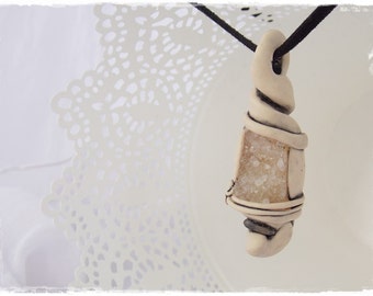 Quartz and Citrine Necklace, Polymer Clay Necklace, Druzy Stone Yoga Pendant, Meditation Crystal Necklace, Spiritual Protection Pendant