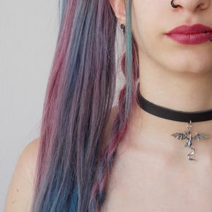 Può includere: Una donna con i capelli blu e rosa indossa un choker nero con un ciondolo a forma di drago argentato.