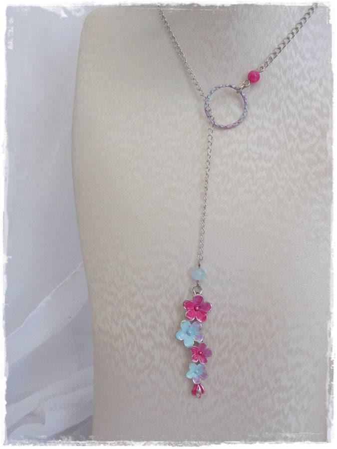 Floral Lariat Necklace Fuchsia Pink Flower Lariat Seafoam Blue Lariat Gemstone - Bild 3 von 10