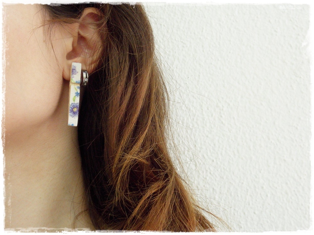 Decoupage Ohrstecker Vergissmeinnicht Ohrringe blaue Blume Ohrstecker Holzstecker - Bild 6 von 7