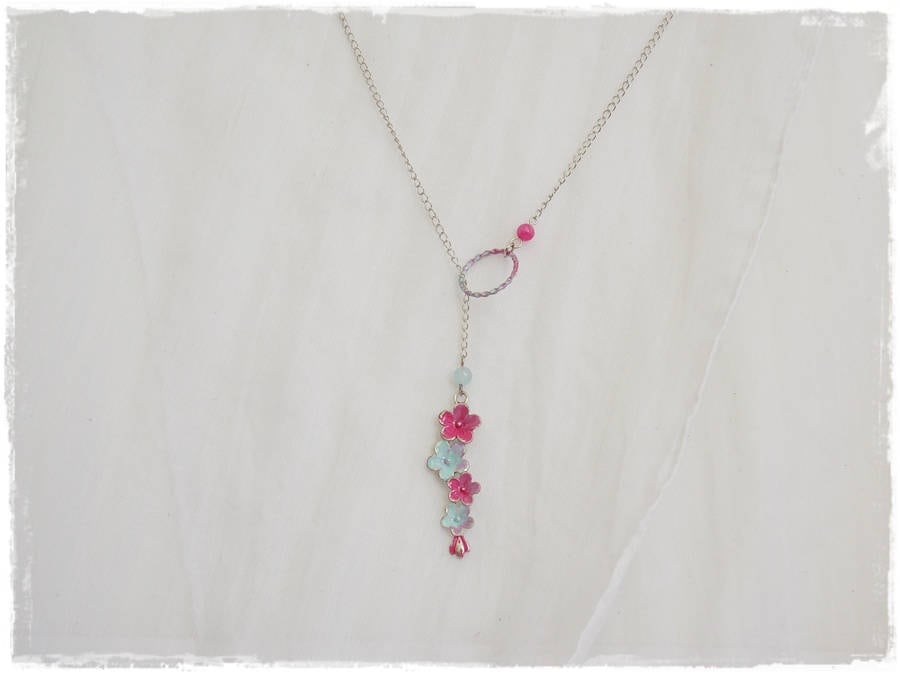 Floral Lariat Necklace Fuchsia Pink Flower Lariat Seafoam Blue Lariat Gemstone - Bild 4 von 10