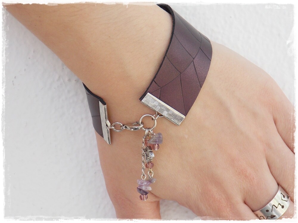 Leder Lederarmband Lila Armband Manschette Pyrographie Natur Armband Elfe - Bild 3 von 13