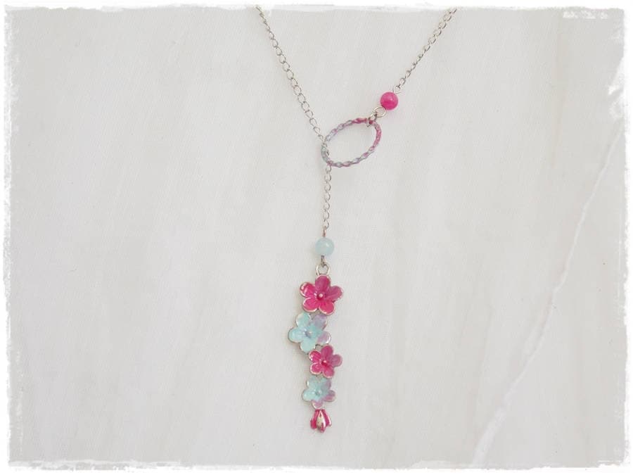 Floral Lariat Necklace Fuchsia Pink Flower Lariat Seafoam Blue Lariat Gemstone - Bild 2 von 10