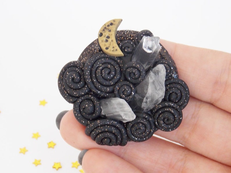 RAw Quartz Brooch Crescent Moon Polymer Clay Brooch Quartz Crystal Brooch Pin Polymer Clay Shawl Pin Protection Crystal Brooch