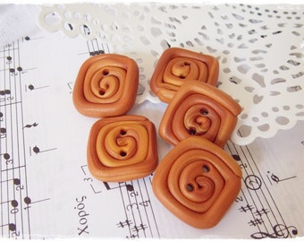 Polymer Clay Buttons, Spiral Buttons, Large Square Buttons, Caramel Brown Buttons, Rectangular Buttons, Knitting Supplies, Cinnamon Buttons