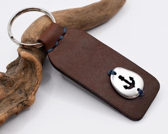 PERSONALIZED Leather Anchor Keychain, Nautical Pebble Keyring, 3rd Anniversary Gift