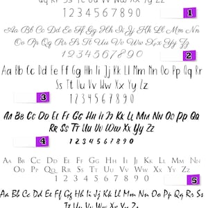 May include: Six different handwritten alphabet and number fonts in black on a white background. Each font is labeled with a number from 1 to 6.