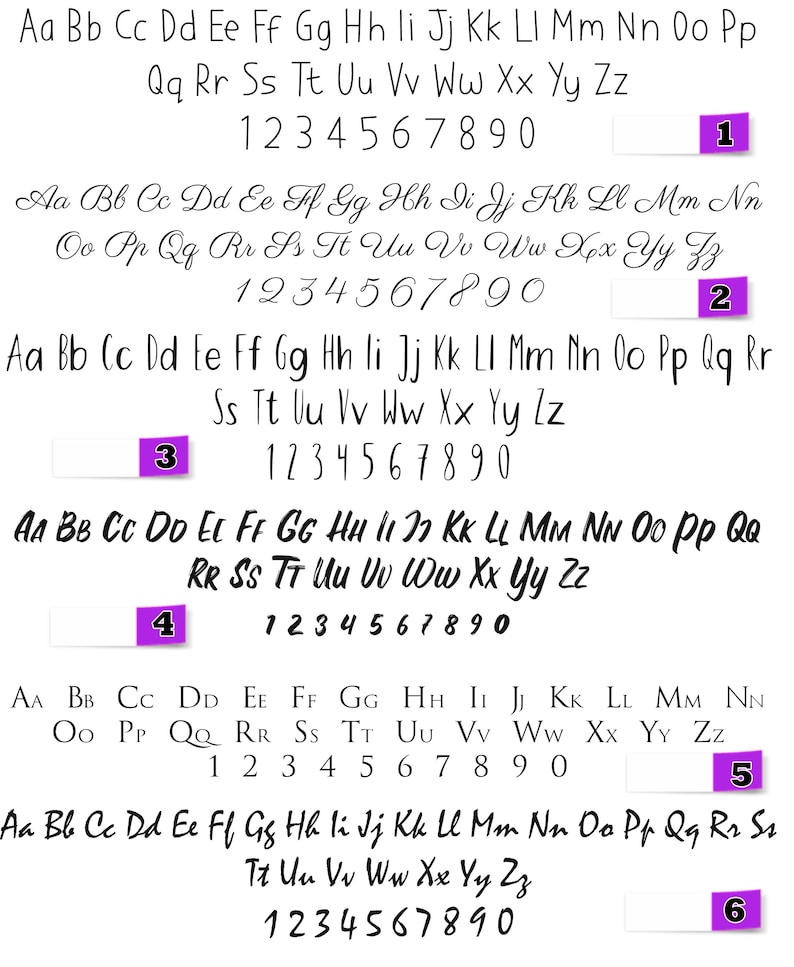 May include: Six different handwritten alphabet and number fonts in black on a white background. Each font is labeled with a number from 1 to 6.