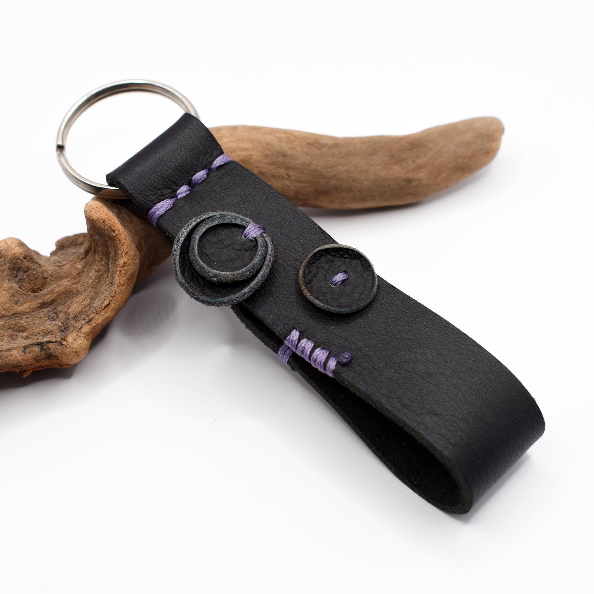 Buy PERSONALIZED Black Leather Keychain, Purple Stitch