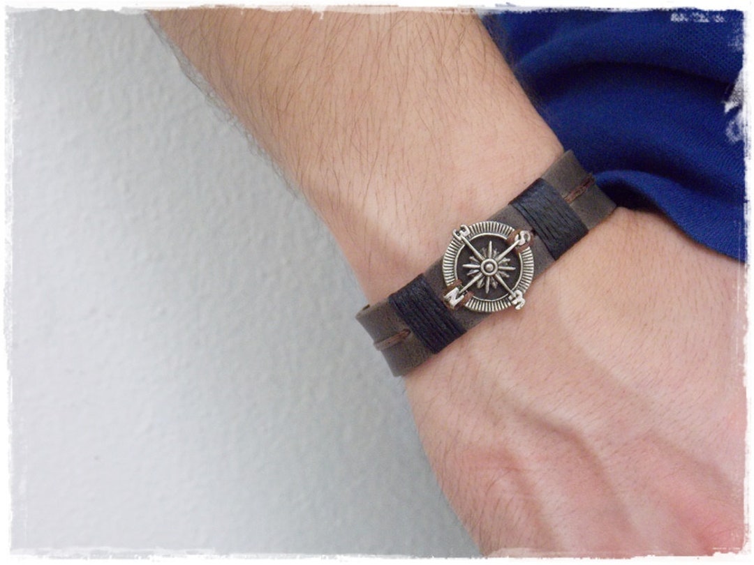 Personalized Compass Bracelet, Men's Leather Bracelet, Traveler's