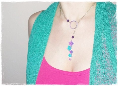 Floral Lariat Necklace Fuchsia Pink Flower Lariat Seafoam Blue Lariat Gemstone - Bild 6 von 10