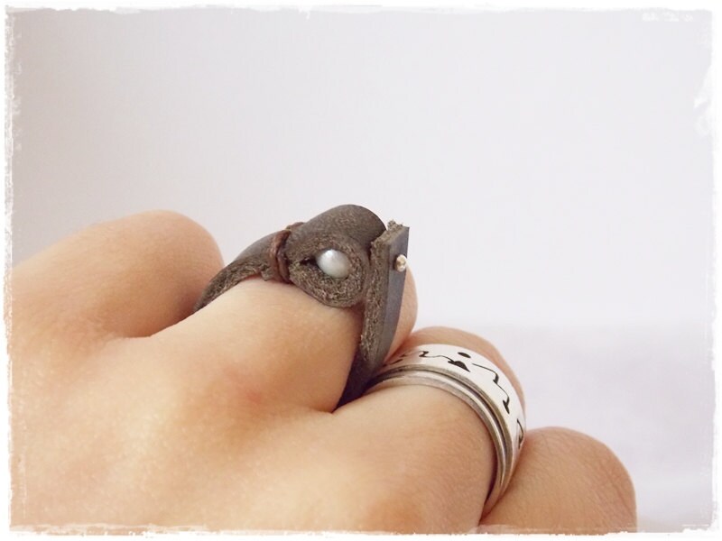 Pearl Ring Band Freshwater Pearl Ring Stone Leather Ring Beaded Ring Mermaid - Picture 4 of 12