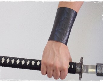 Black Leather Bracer, Black Leather Arm Guard, Gothic Fantasy Drow Bracer, Goth Leather Brace With Spider Web Design, Assassin Bracer