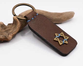 PERSONALIZED Star of David Keychain, Custom Engraved Hanukkah Keyring, Judaica Leather Keyfob
