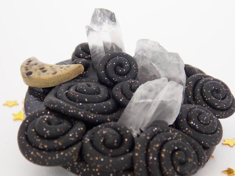RAw Quartz Brooch Crescent Moon Polymer Clay Brooch Quartz Crystal Brooch Pin Polymer Clay Shawl Pin Protection Crystal Brooch