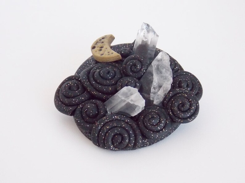 RAw Quartz Brooch Crescent Moon Polymer Clay Brooch Quartz Crystal Brooch Pin Polymer Clay Shawl Pin Protection Crystal Brooch