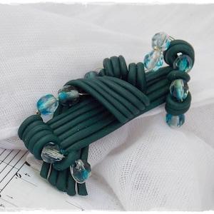Polymer Clay Brooch, Emerald Green Brooch, Geometric Beaded Broach, Abstract Scarf Pin, Sea Blue Brooch, Spaghetti Clay Brooch, Stripped Pin