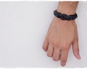 Geflochtenes schwarzes Leder Manschette Armband, Herrenarmband