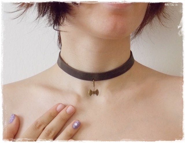 Battle Axe Choker Leather Choker BDSM Leather Collar Labrys Choker Double-Headed - Picture 5 of 17