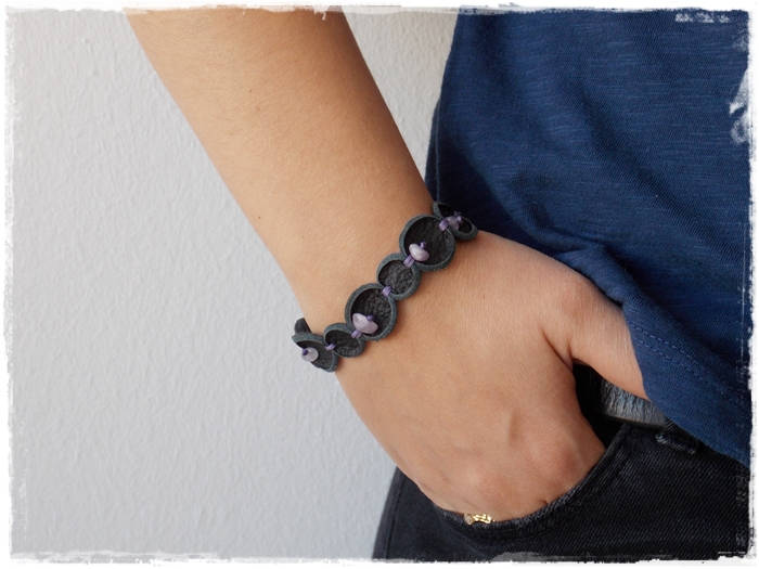 Bracciale In Pelle Bolla Bracciale Ametista Gotico Bracciale In Pelle Riciclata - Foto 4 di 17