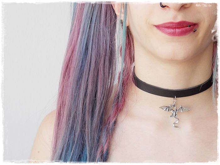 Dragon Choker Collare Pelle Nera BDSM Collare Drago Fantasy PelleGioielli Sub - Foto 2 di 15