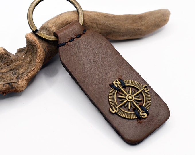 PERSONALIZED Compass Keychain, 3rd Anniversary Keyring, Nautical Leather Keychain, Navy Leather Anniversary Keyring, Leather Sailor's Keyfob