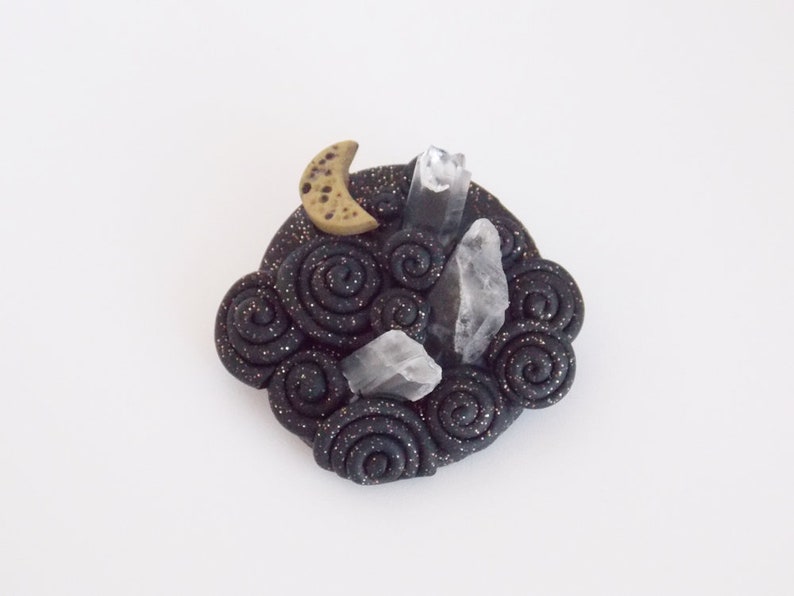 RAw Quartz Brooch Crescent Moon Polymer Clay Brooch Quartz Crystal Brooch Pin Polymer Clay Shawl Pin Protection Crystal Brooch