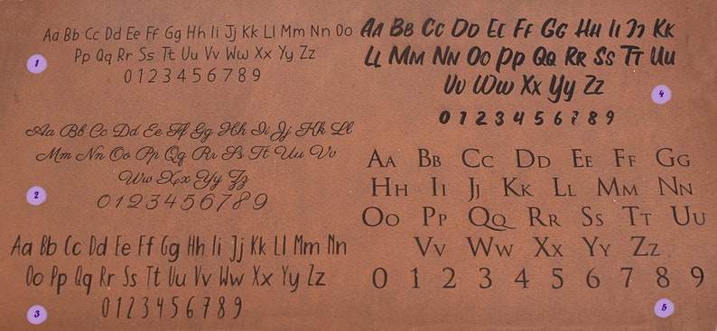 May include: A brown leather sheet with four rows of uppercase letters and numbers, each row labeled with a number. The letters are in a handwritten font and are arranged alphabetically. The numbers are in a standard font and are arranged numerically.