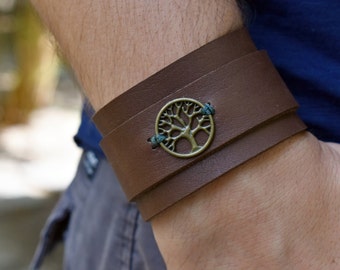 Celtic Tree of Life Bracelet, PERSONALIZED Men's Leather Wide Bracelet, Leather Cuff Bracelet, Viking Bracelet Wristband