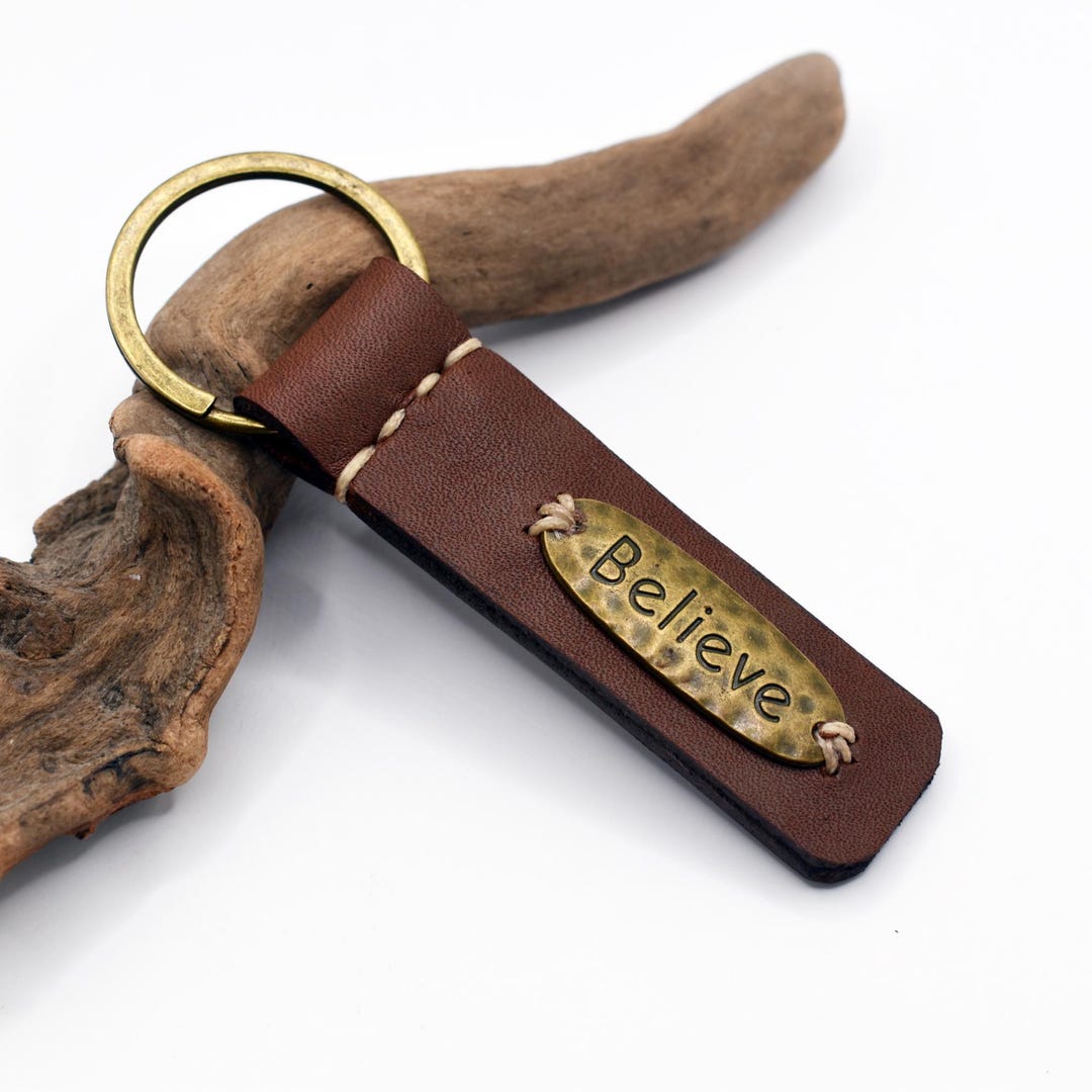 PERSONALIZED Believe Leather Keychain, Inspirational Word Keyring ...