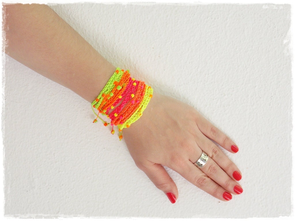 Neon Wrap Bracelet Bohemian Friendship Bracelet Crochet Beaded Bracelet Fluo - Picture 2 of 11